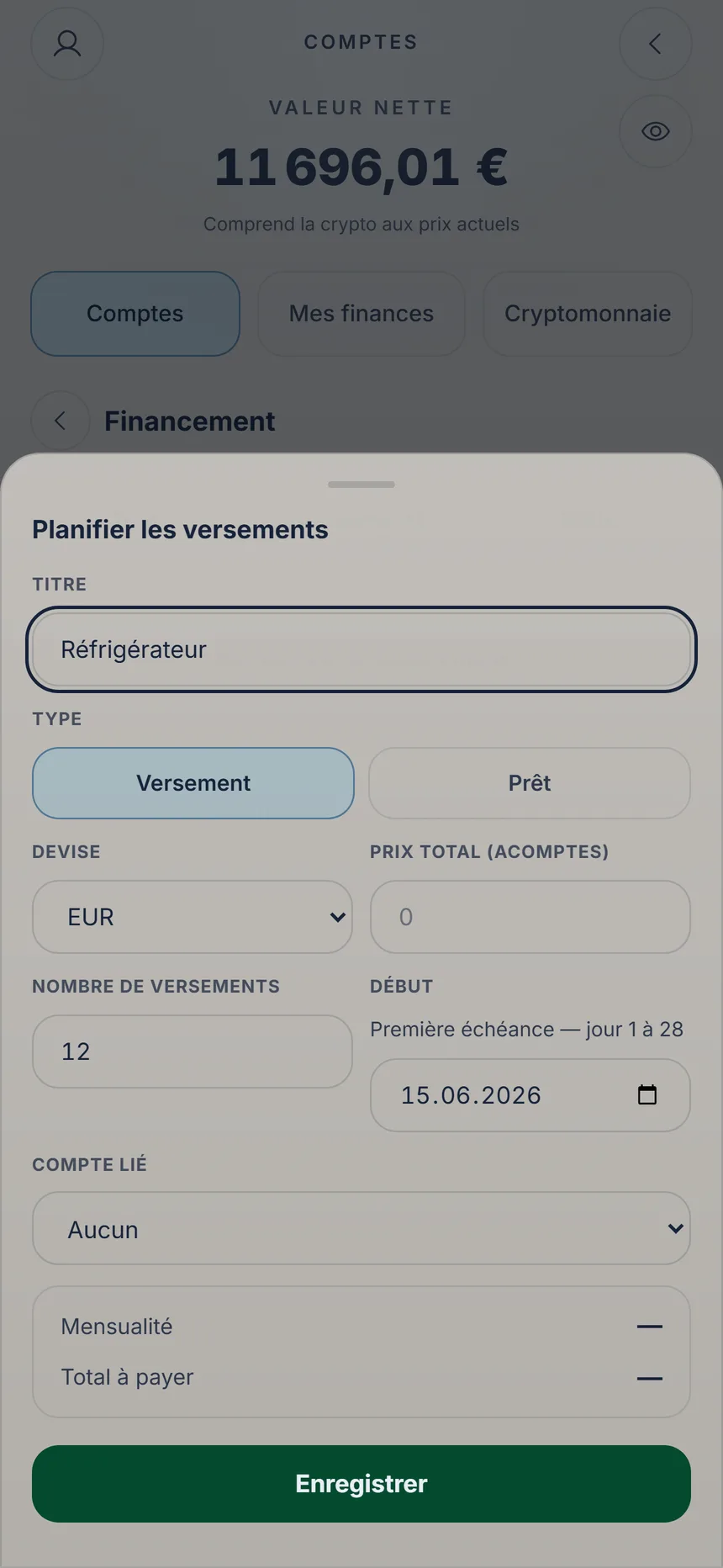 Formulaire de plan de versements avec le titre saisi, le type, le prix total et le nombre de versements