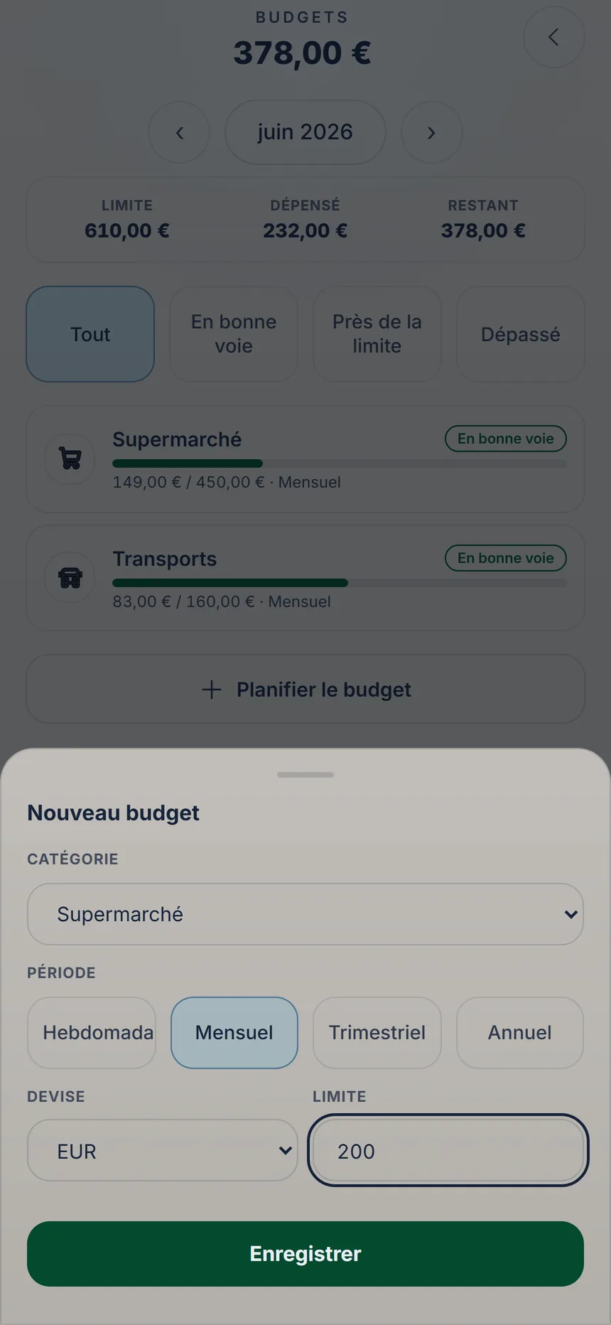 Formulaire de nouveau budget avec la période Mensuel, la limite et le bouton Enregistrer