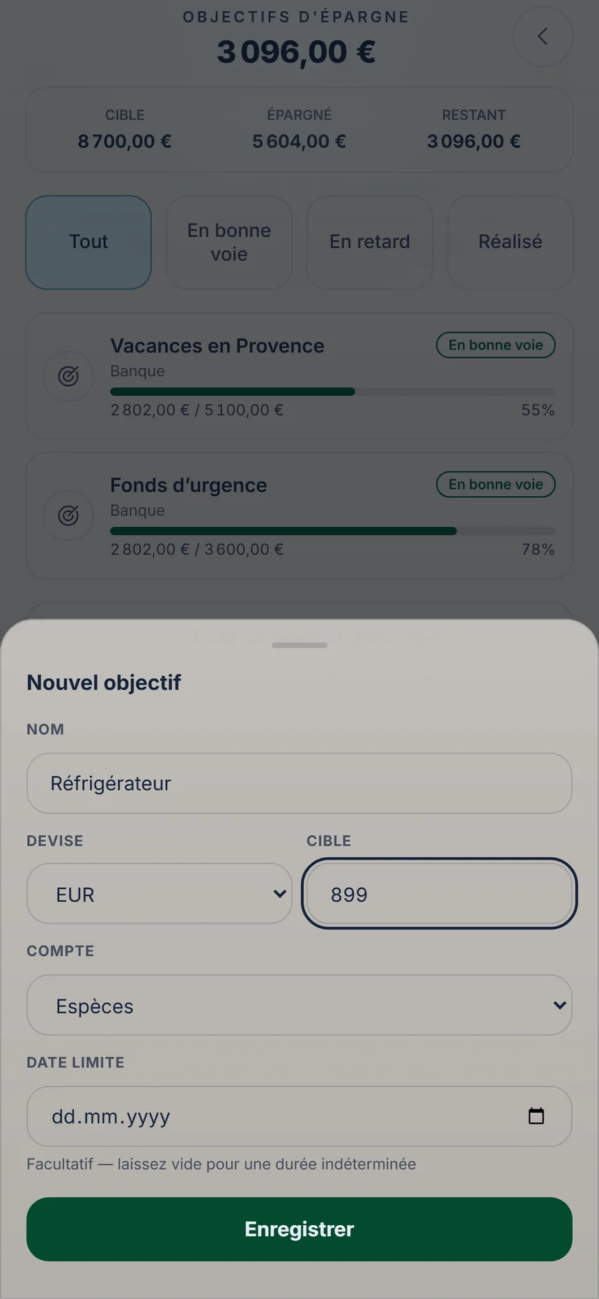Formulaire de nouvel objectif avec nom, devise, montant, compte et le bouton Enregistrer
