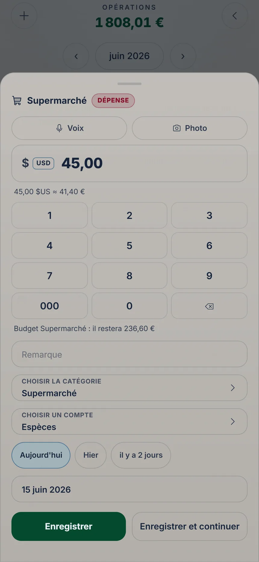 Formulaire complet d'une dépense en dollars avec la conversion, Choisir un compte et le jour