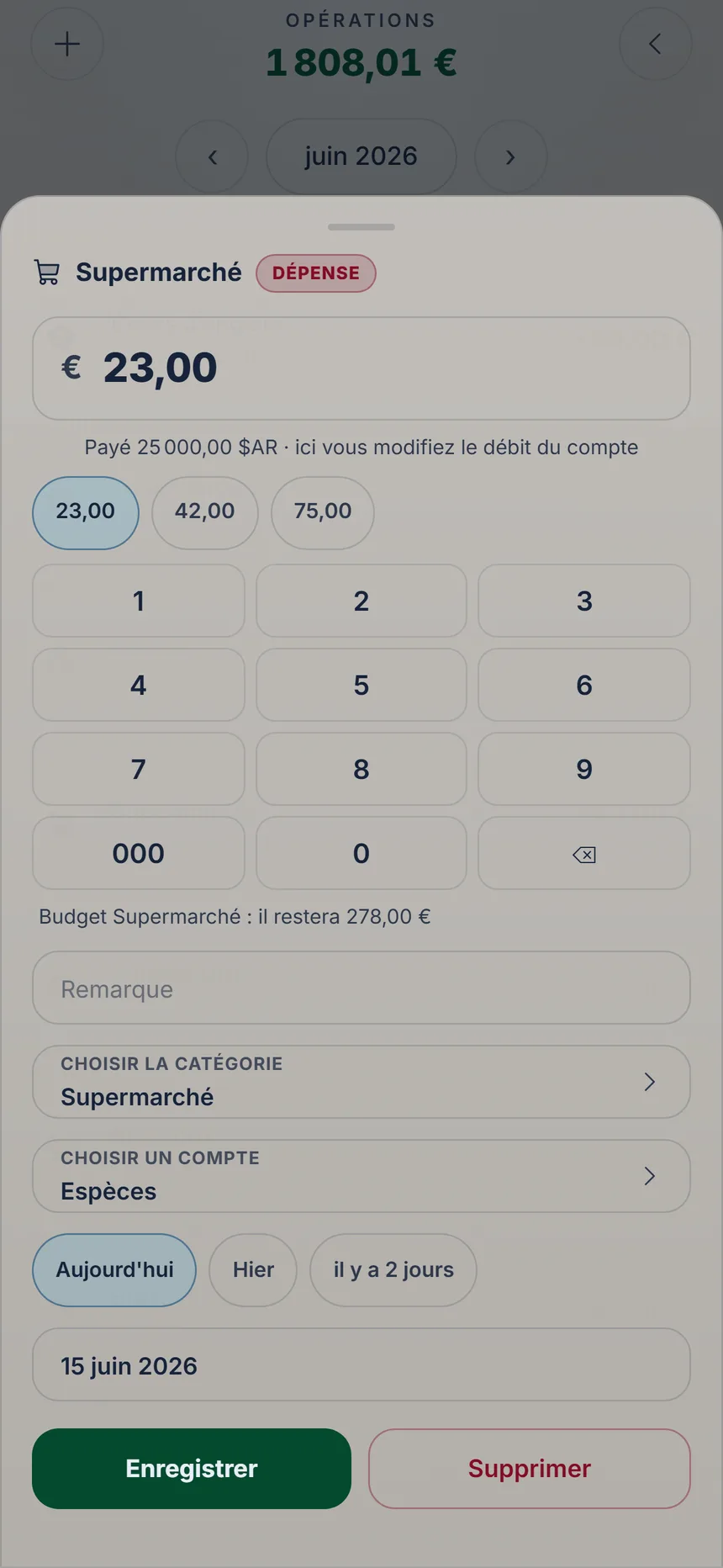 Dépense payée dans une autre devise ouverte pour correction, avec le bouton Enregistrer