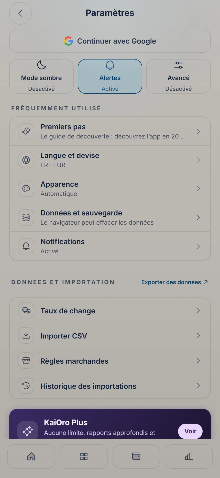 Paramètres avec la section Données et importation et la ligne Importer CSV