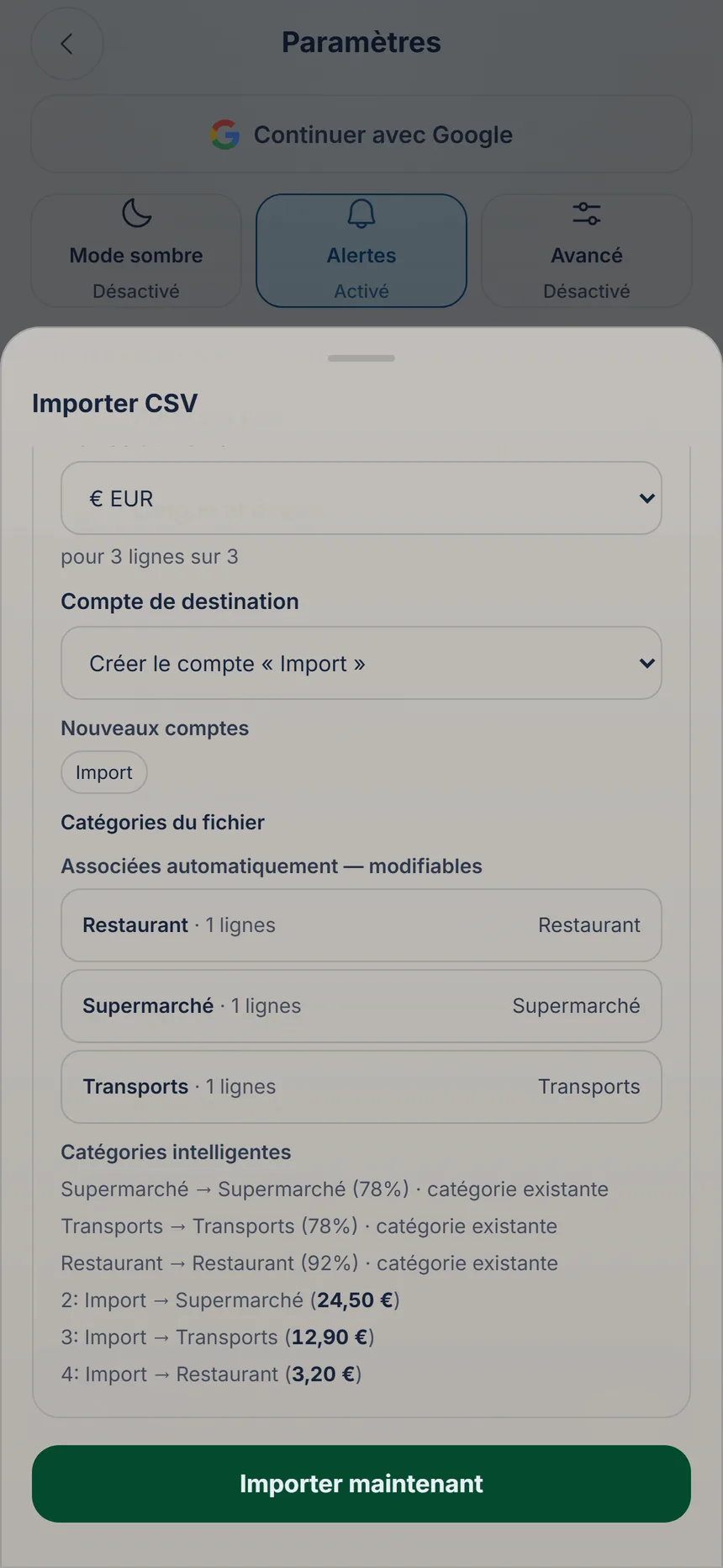 Aperçu de l'importation avec les catégories et le bouton pour importer maintenant