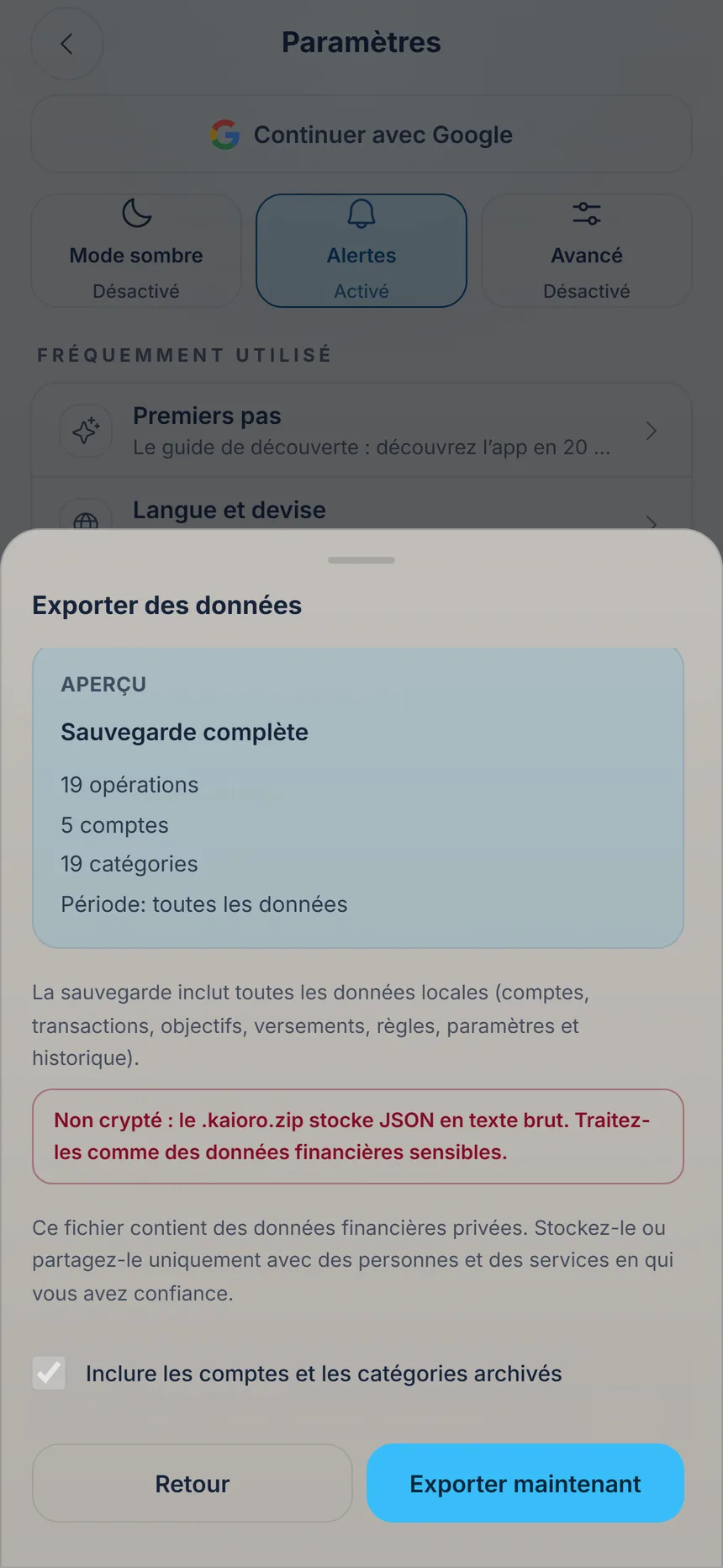 Aperçu de la sauvegarde complète avec l'avertissement qu'elle n'est pas chiffrée et le bouton Exporter maintenant