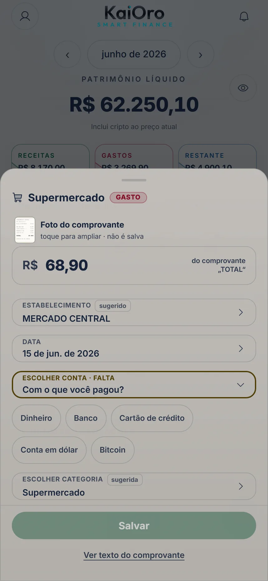 Revisão de um comprovante fotografado: total de R$ 68,90 do Mercado Central