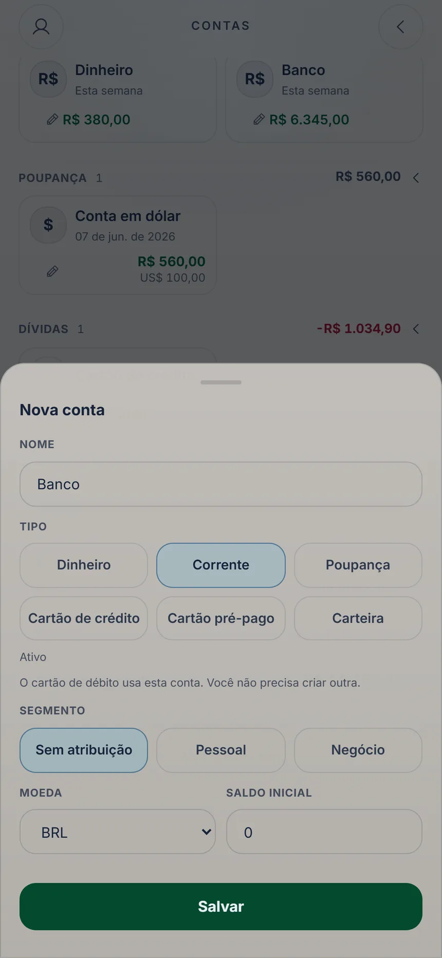 Formulário para adicionar uma conta com nome, tipo e saldo inicial