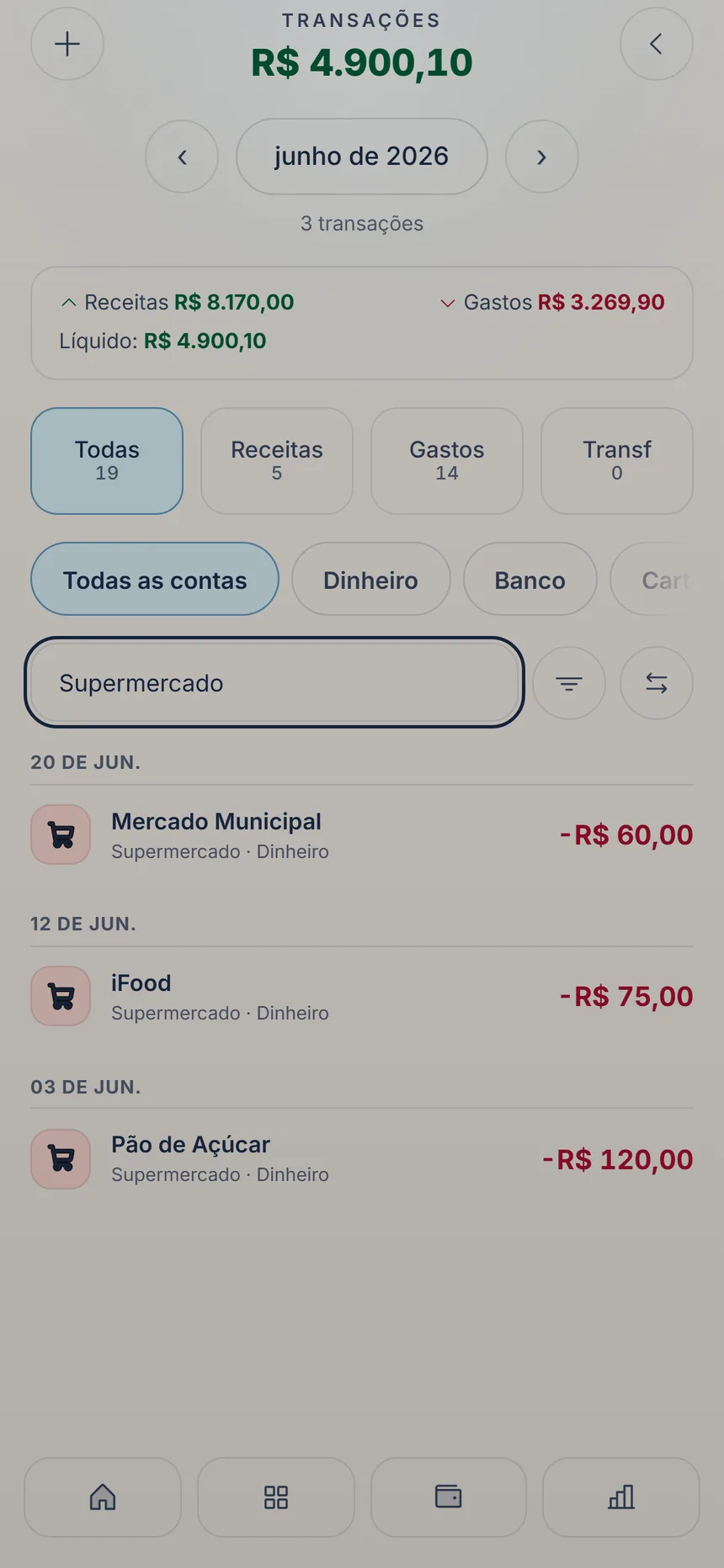 Lista de transações com a busca aberta e um resultado encontrado