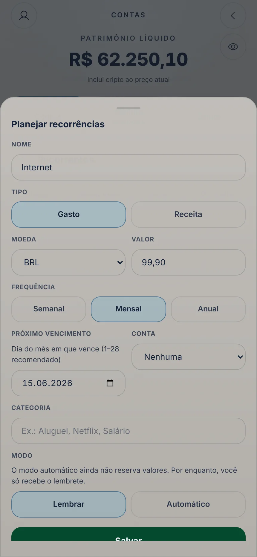 Formulário de um pagamento mensal com valor, próximo vencimento e conta