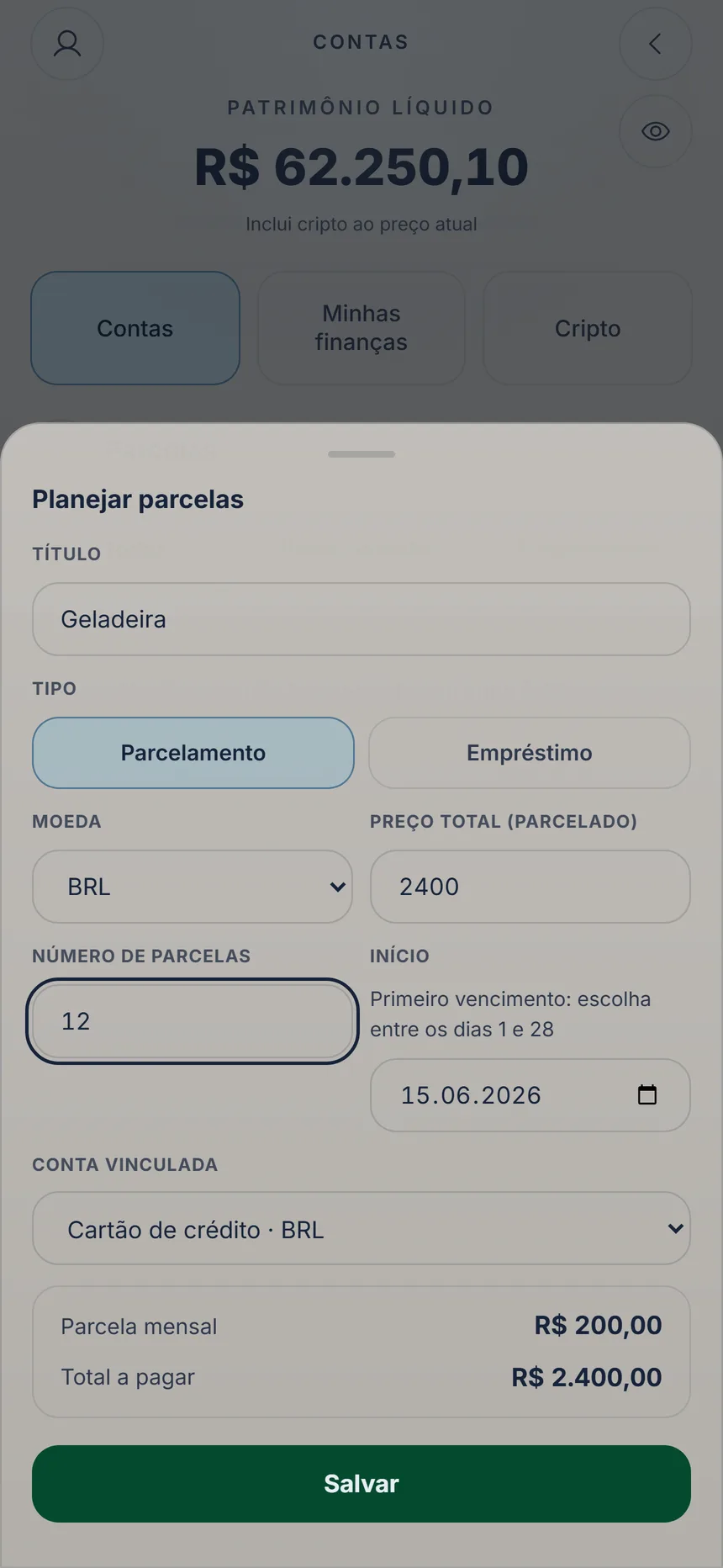 Plano de parcelas com preço total, 12 parcelas, cartão vinculado e parcela mensal calculada