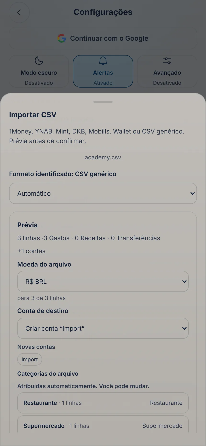 Prévia de uma importação CSV com moeda do arquivo, conta de destino e categorias