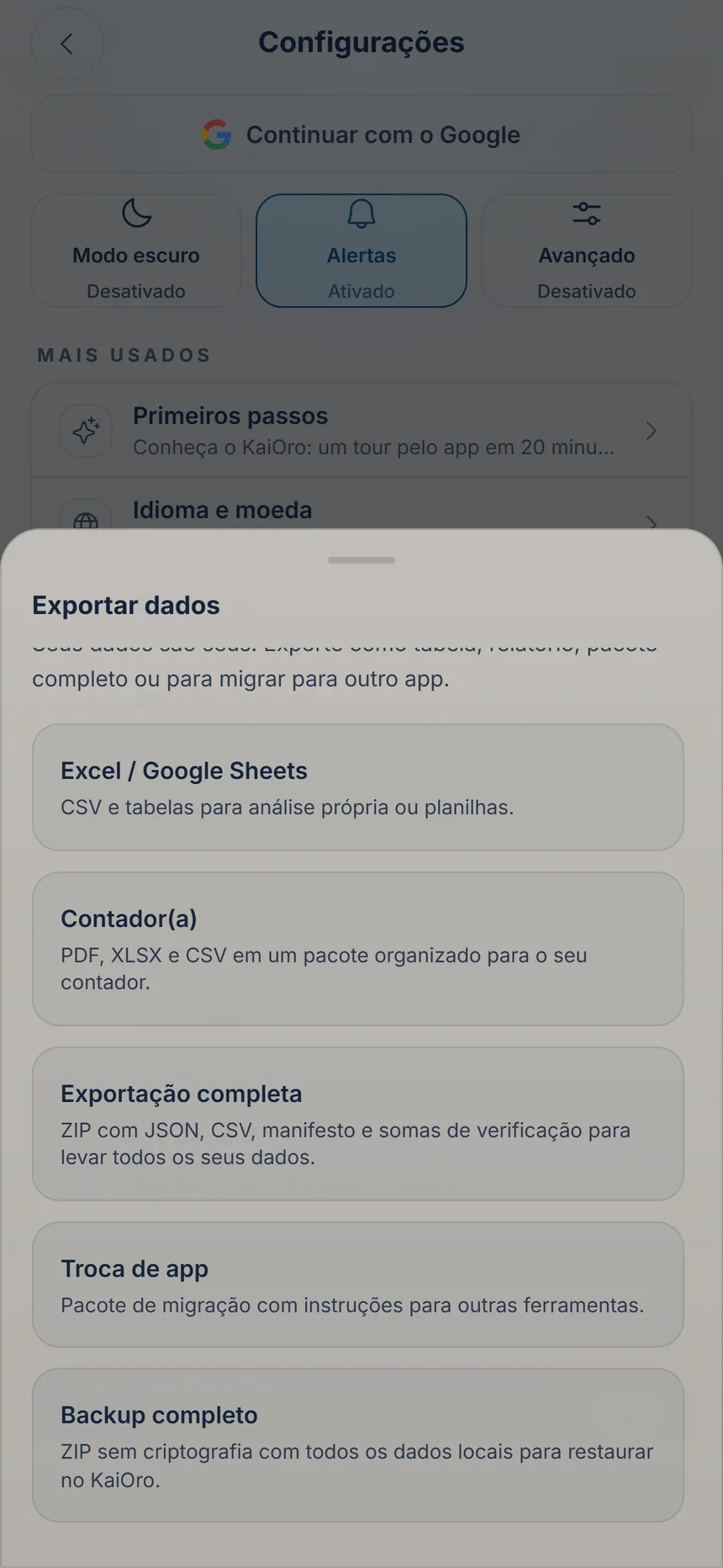 Central de exportação com as opções de exportar e o backup completo