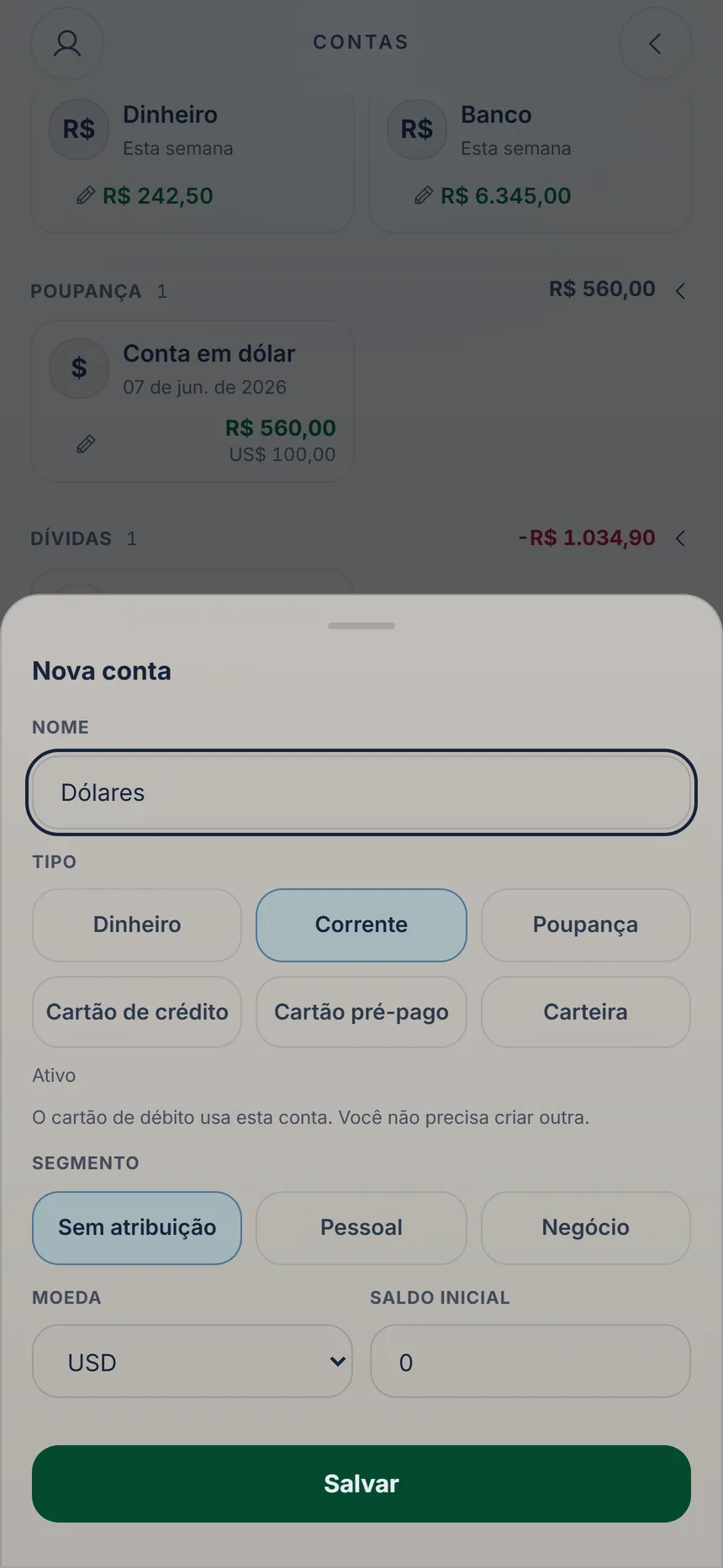 Formulário de uma conta nova com a moeda USD escolhida