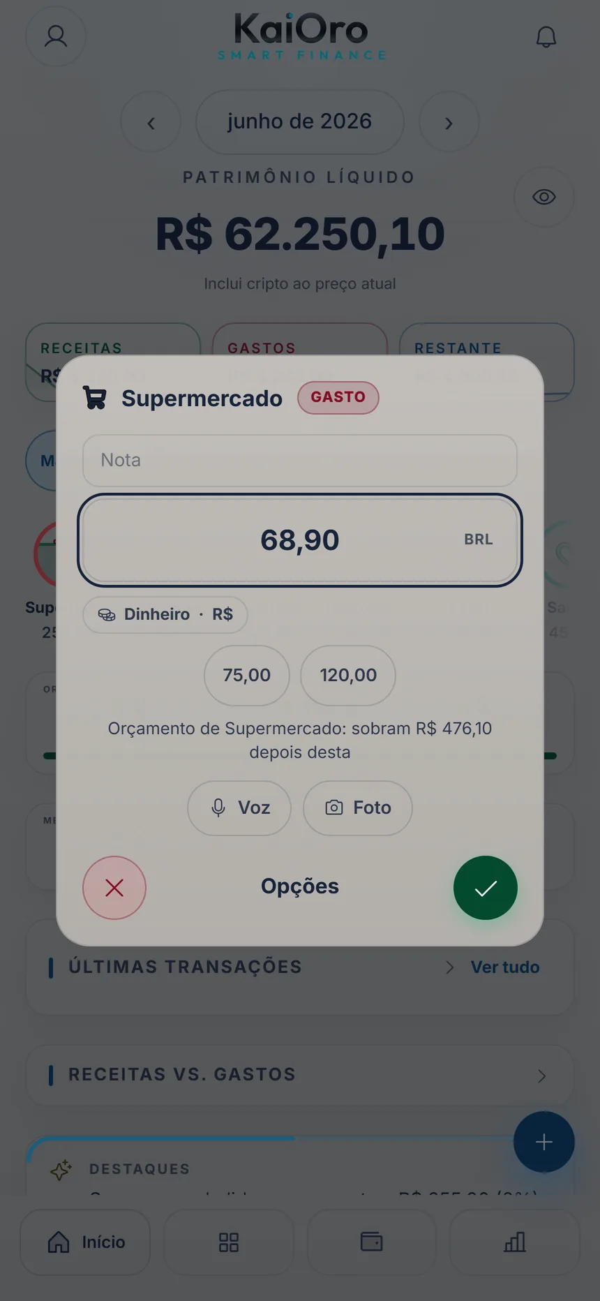 Registro rápido de Supermercado com o valor digitado e o botão ✓ para salvar