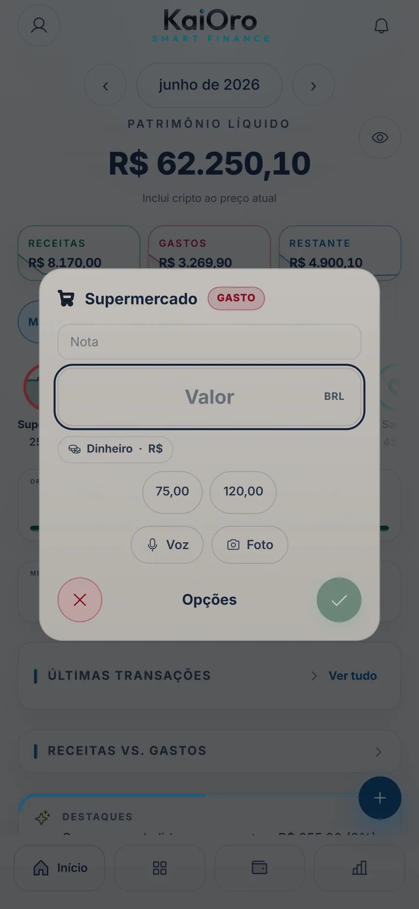Registro rápido de Supermercado com o botão Opções embaixo