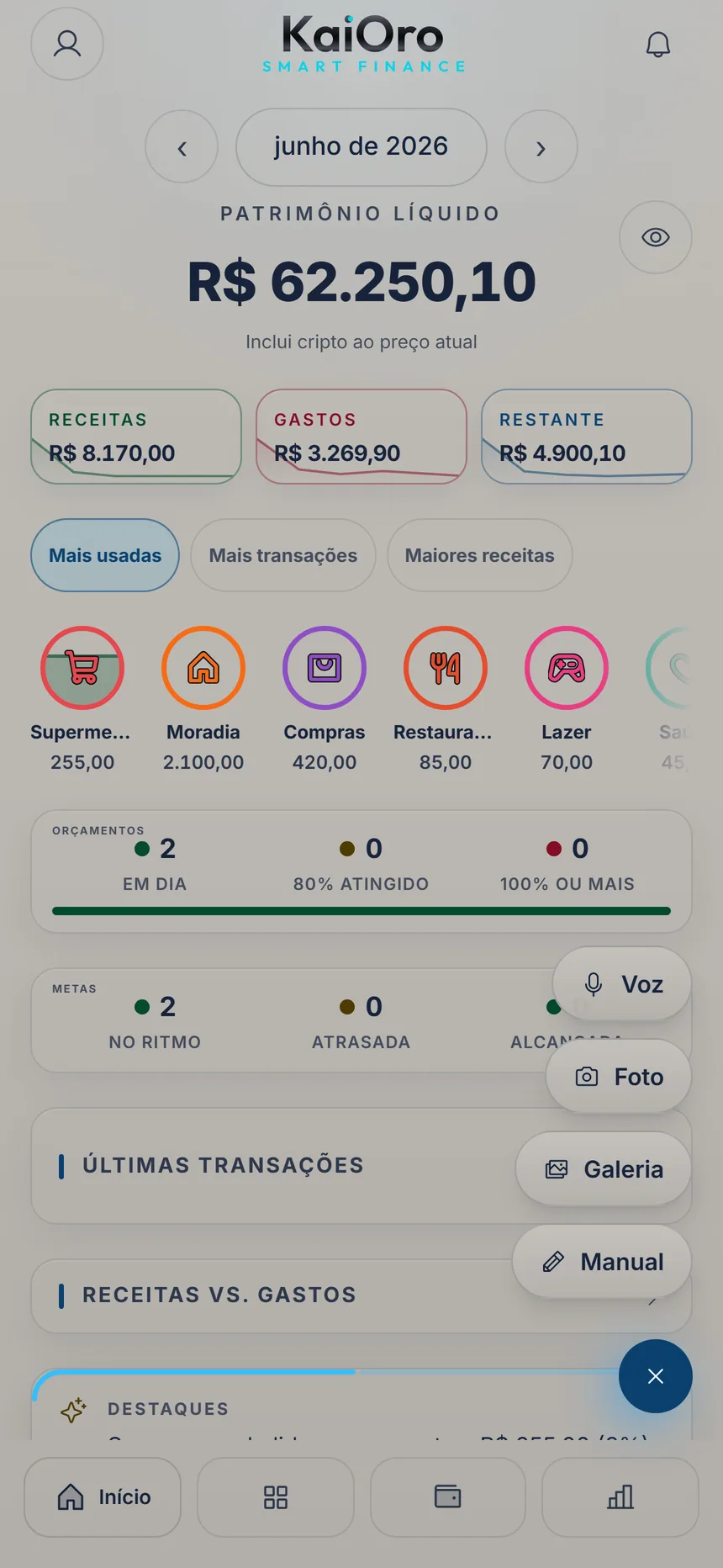 Início com o menu + aberto: Voz, Foto, Galeria e Manual