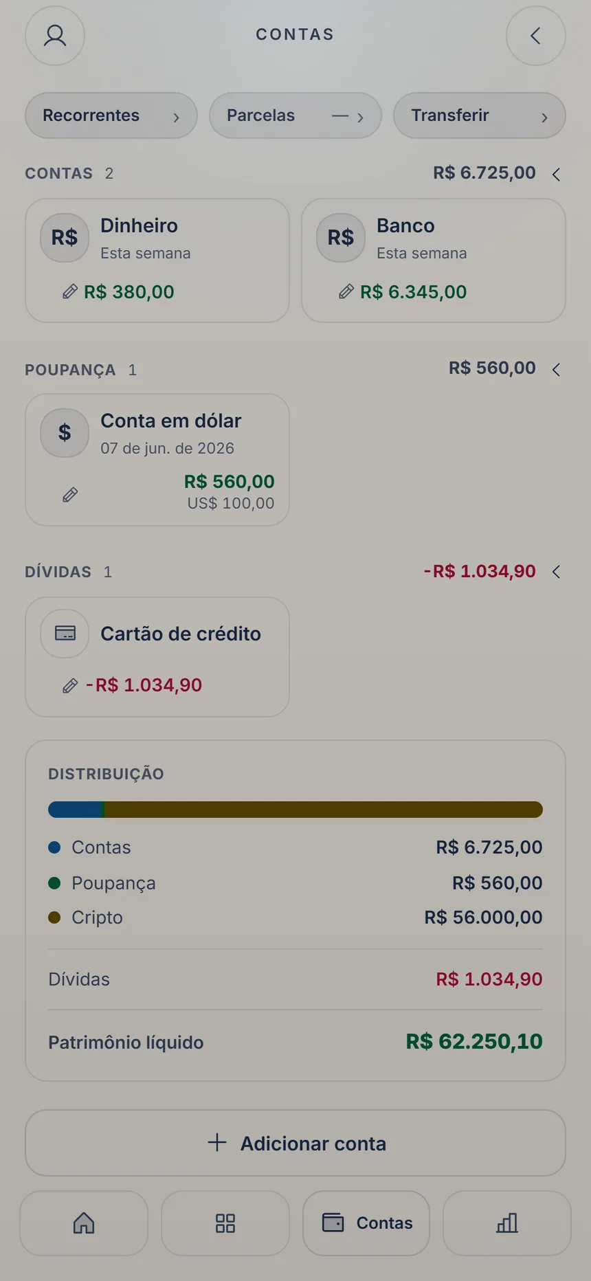 Contas com suas contas e cartões e o botão Adicionar conta