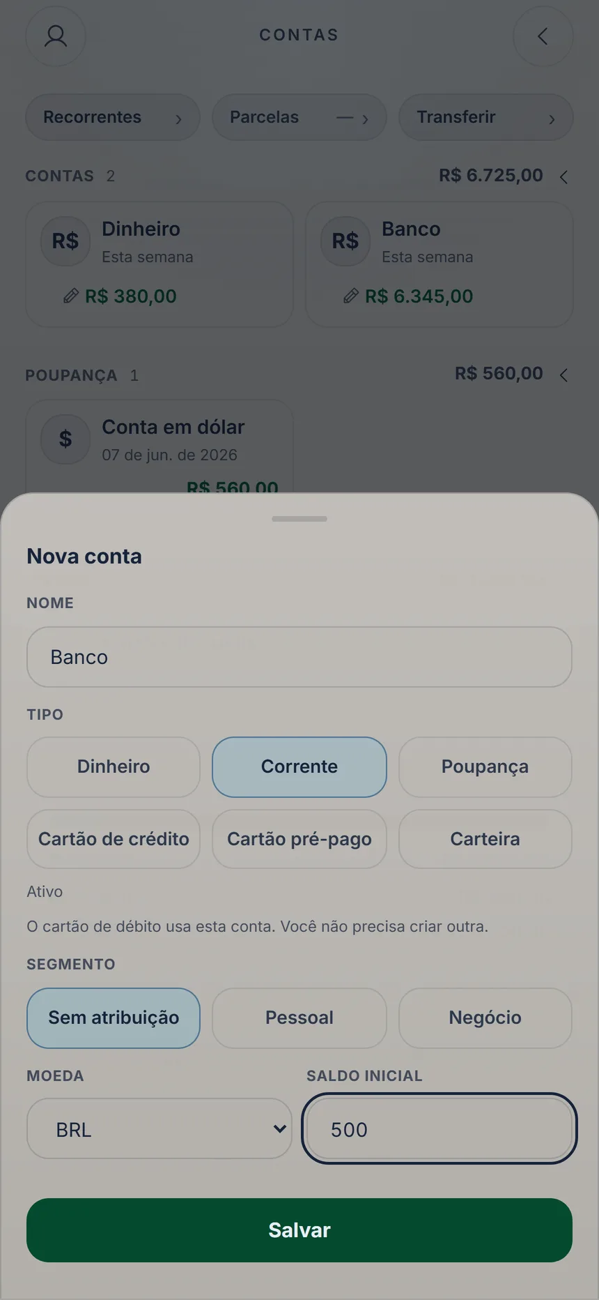 Formulário de conta nova com nome, tipo, saldo inicial e o botão Salvar