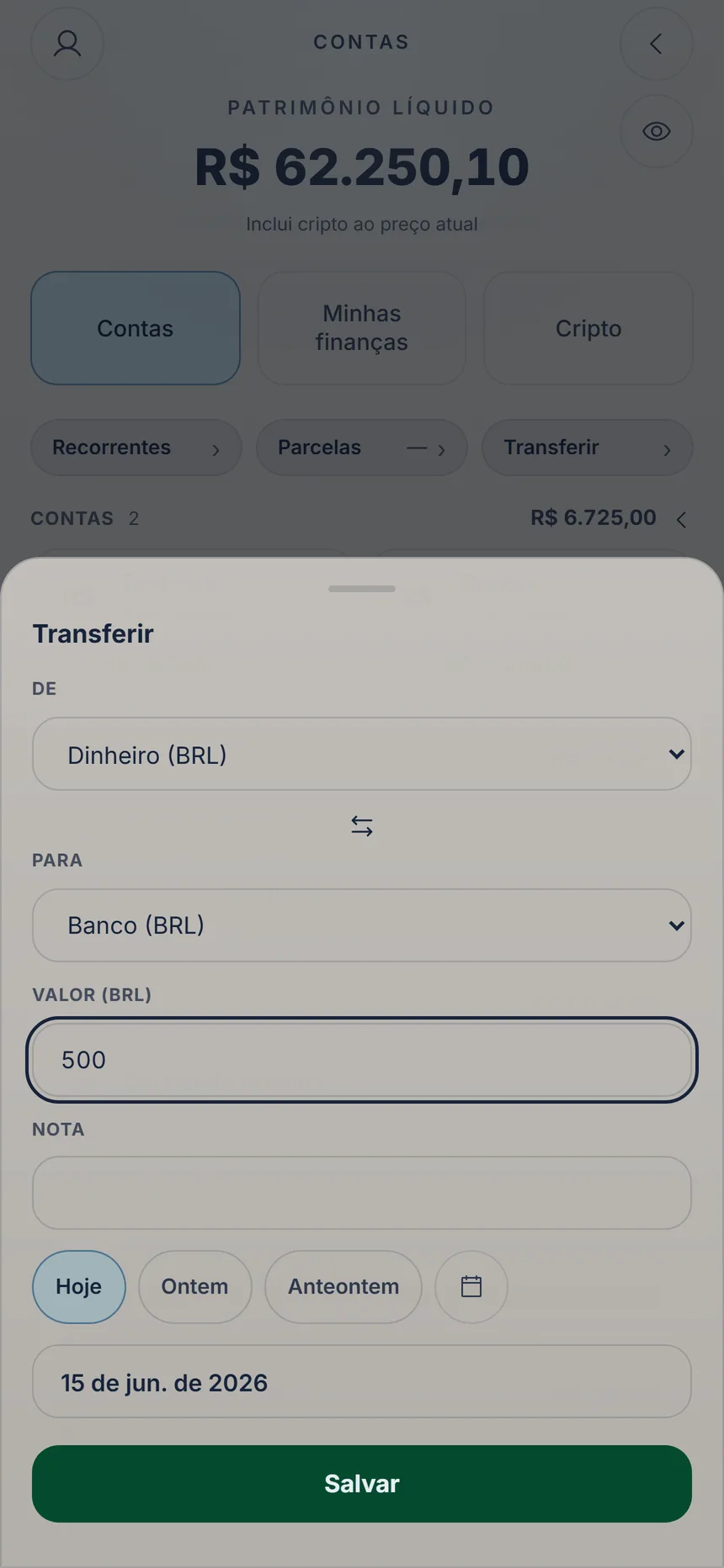 Transferência de Dinheiro para uma conta do banco com o valor preenchido e o botão Salvar
