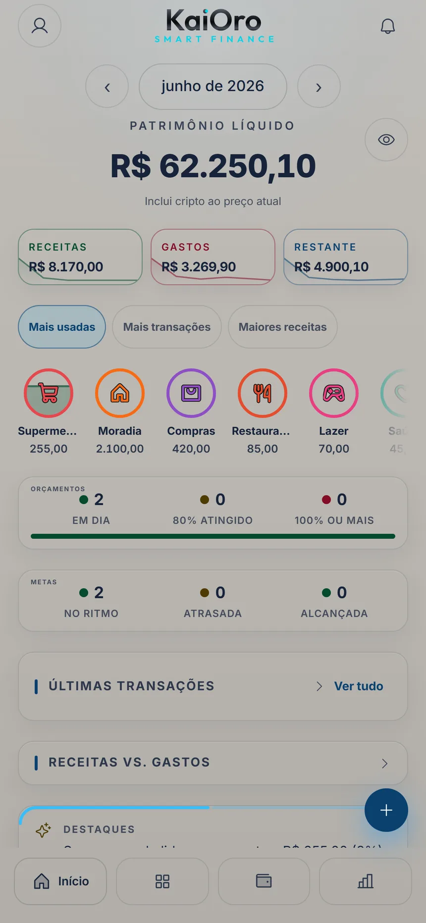 Início com Transações recentes e o link Ver tudo