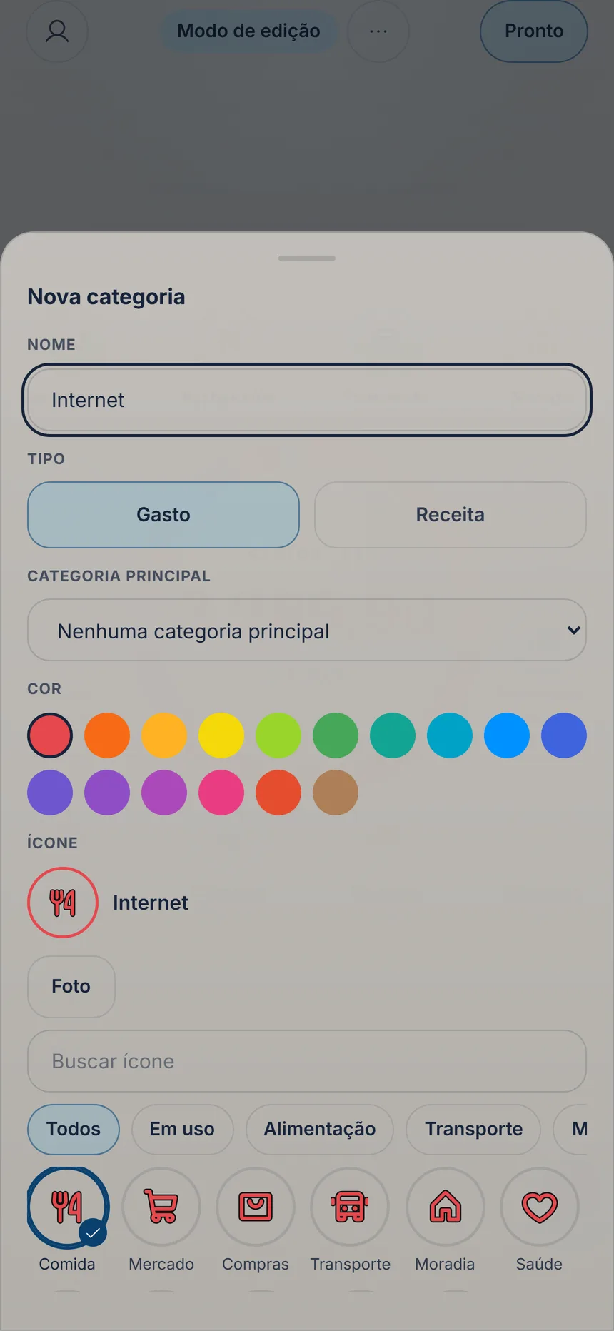 Formulário de categoria nova com nome, tipo e o campo Categoria principal