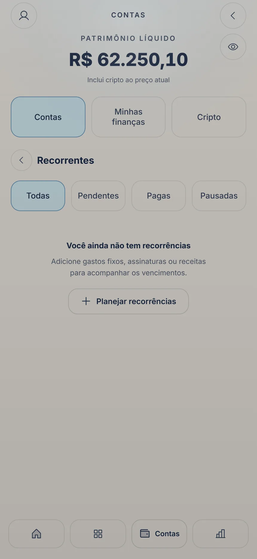 Recorrentes ainda vazio, com o botão para planejar assinaturas e contas fixas