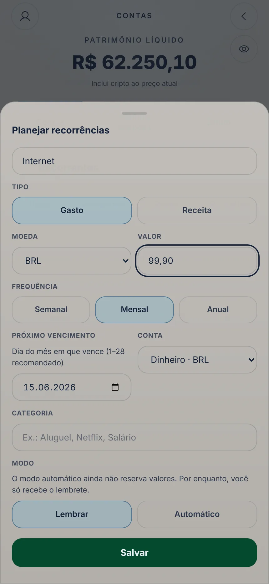 Formulário de um pagamento mensal com o modo Lembrar e o botão Salvar