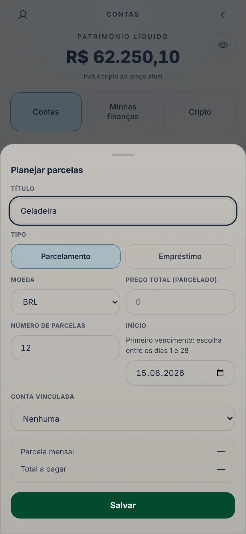 Formulário para planejar parcelas com o título digitado, o tipo, o preço total e o número de parcelas