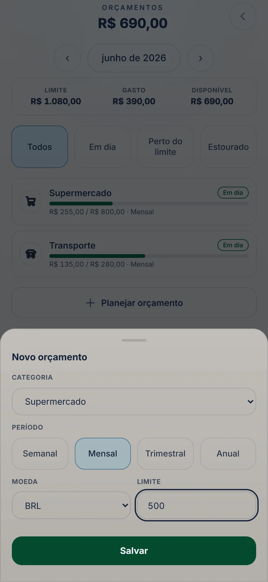 Formulário de orçamento novo com o período Mensal, o limite e o botão Salvar