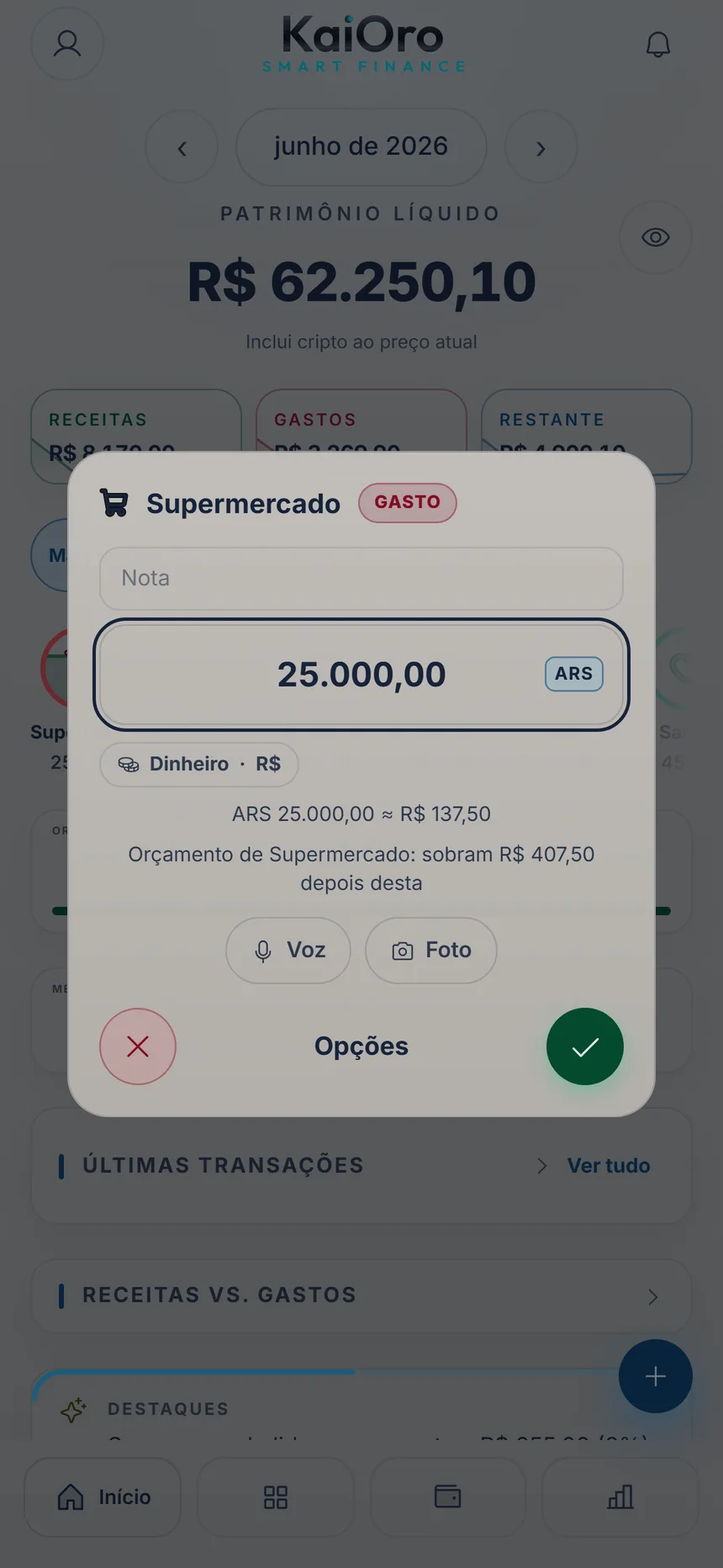 Registro rápido em pesos argentinos com a conversão para a sua moeda e o botão ✓