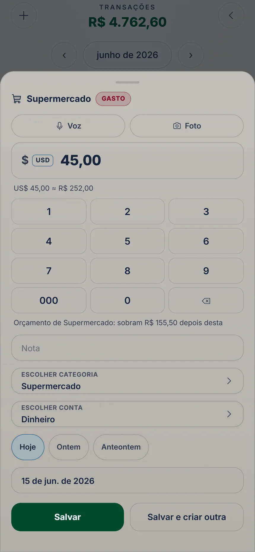 Ficha completa de um gasto em dólares com a conversão, Escolher conta e o dia