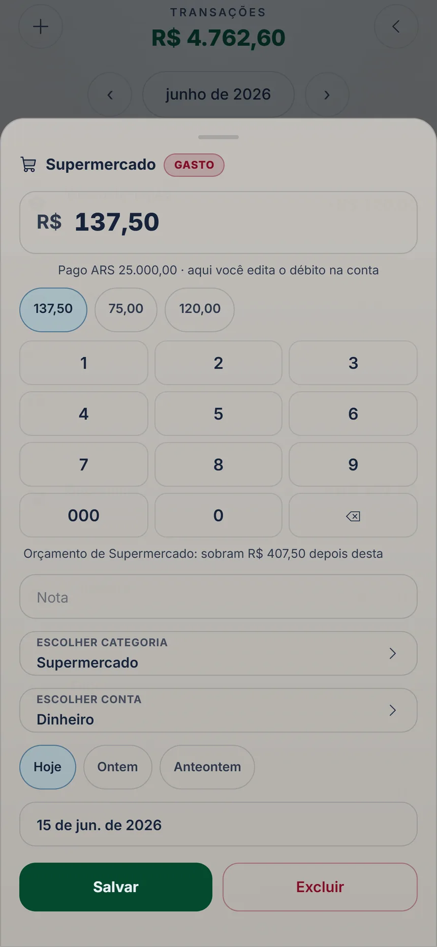 Gasto pago em outra moeda aberto para corrigir, com o botão Salvar