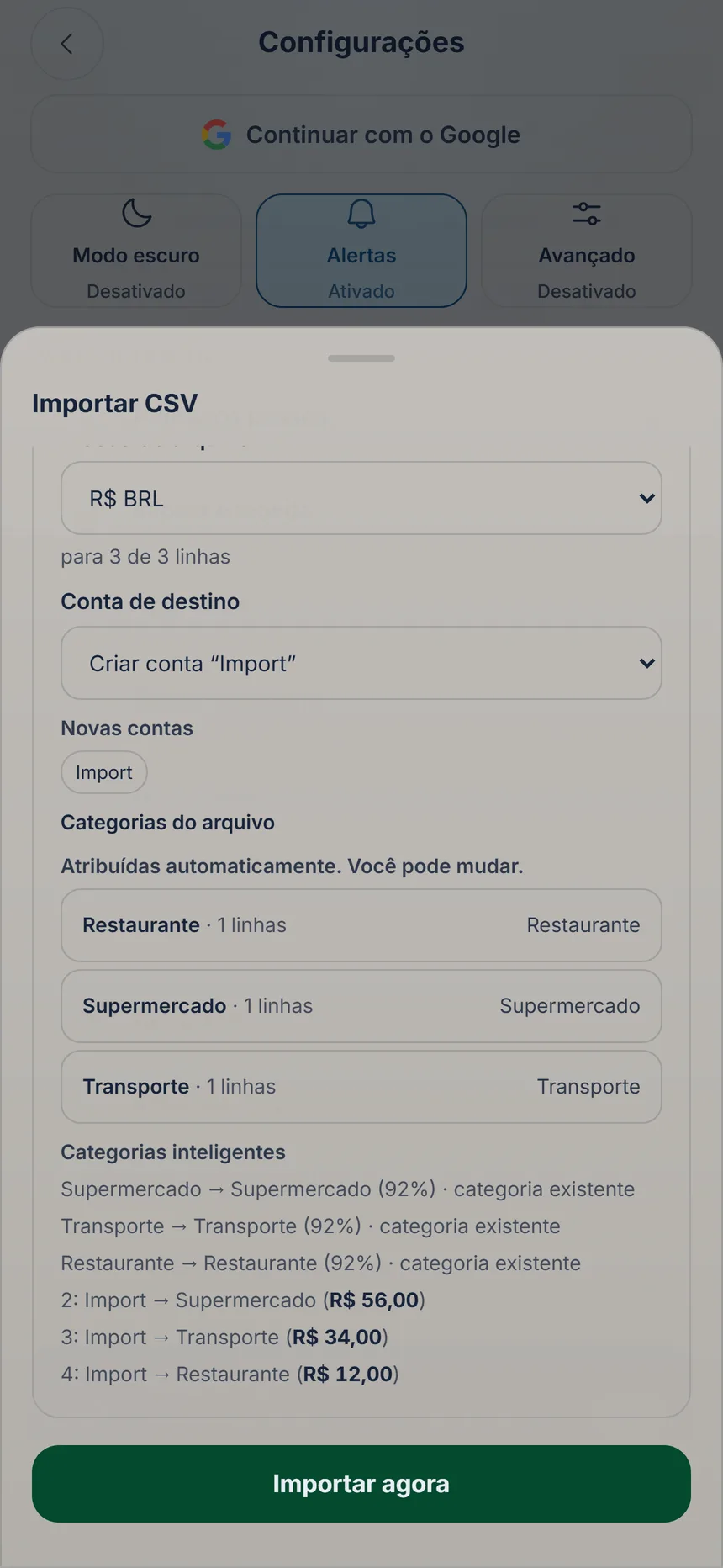 Prévia da importação com as categorias e o botão Importar agora