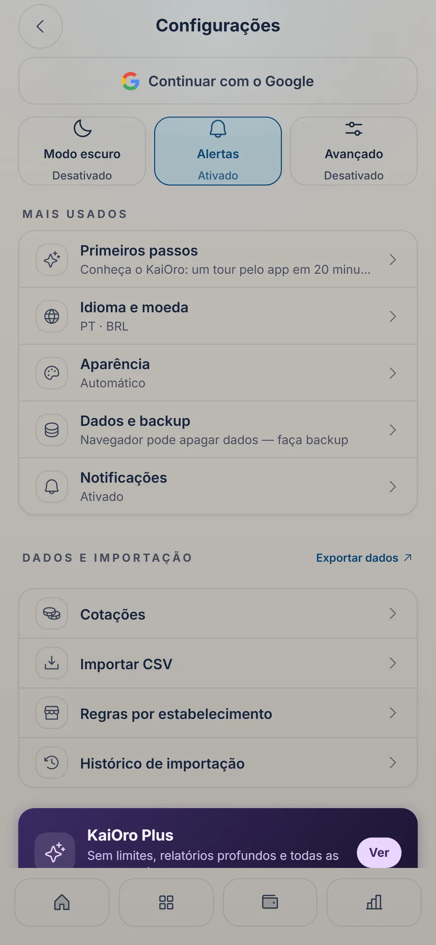 Configurações com a linha Dados e backup