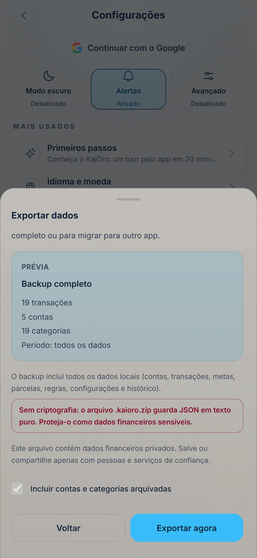 Prévia do Backup completo com o aviso de que não é criptografado e o botão Exportar agora