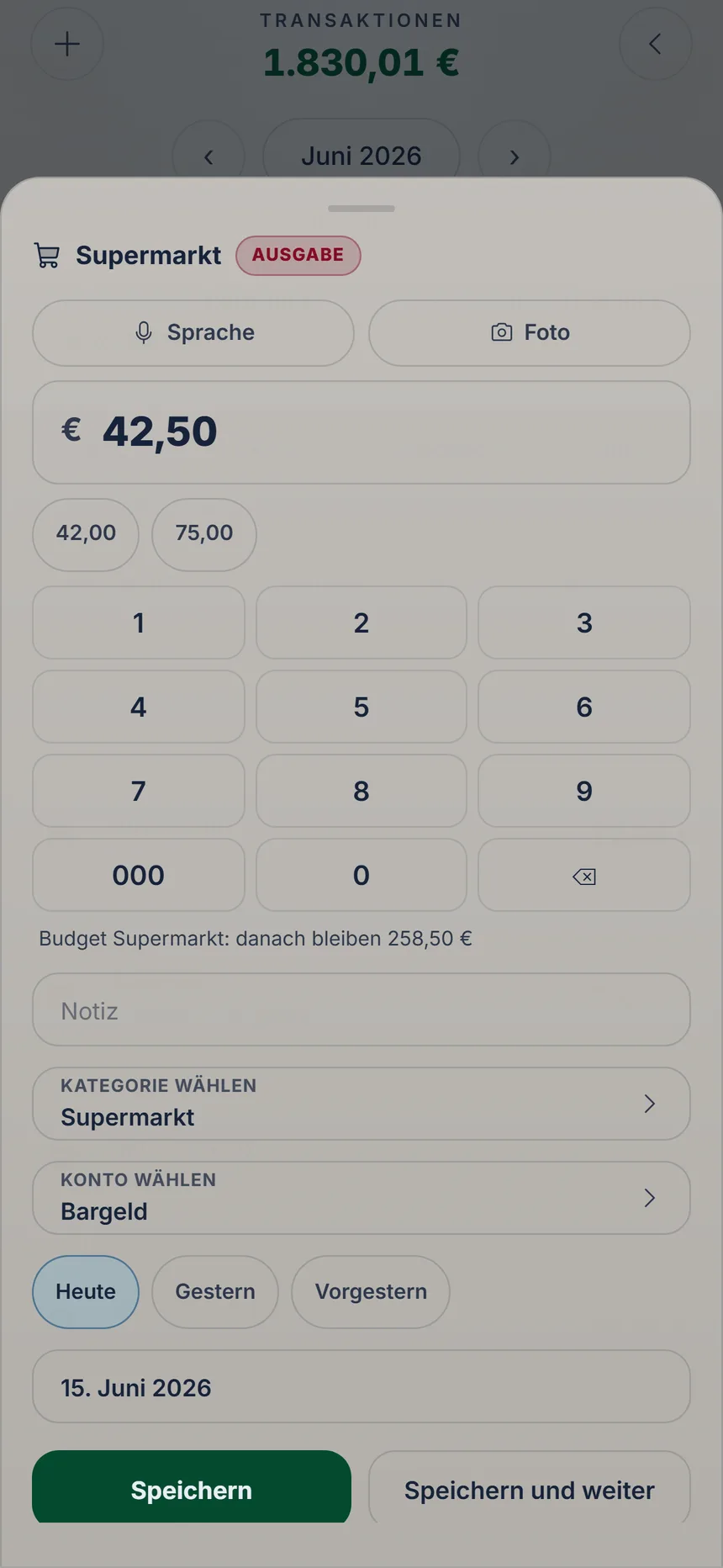 Vollständige KaiOro Transaktionseingabe mit Betrag, Kategorie, Konto und Datum