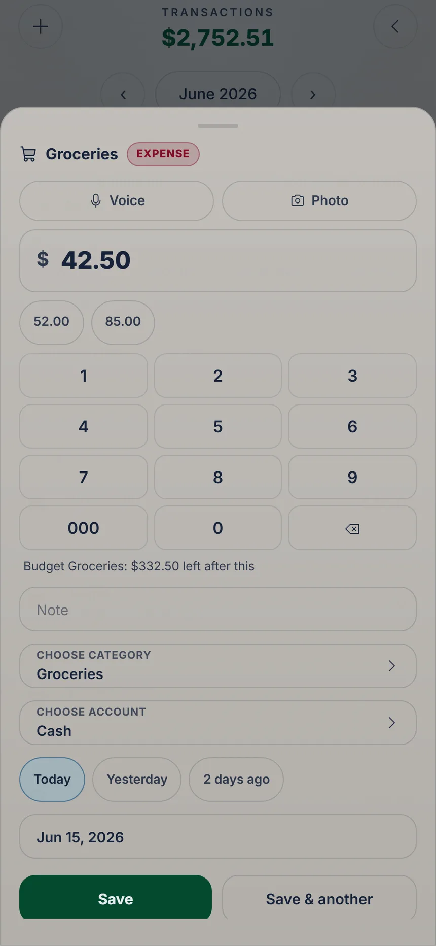 Full KaiOro transaction entry with amount, category, account and date
