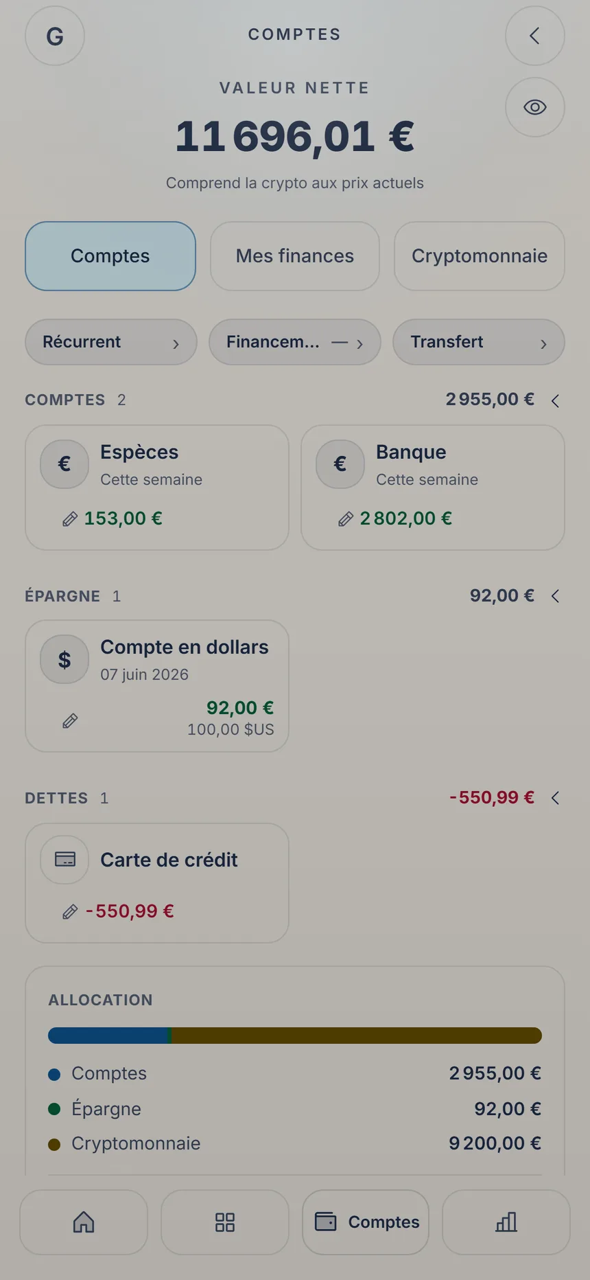 Vue des comptes KaiOro avec différents types d’actifs