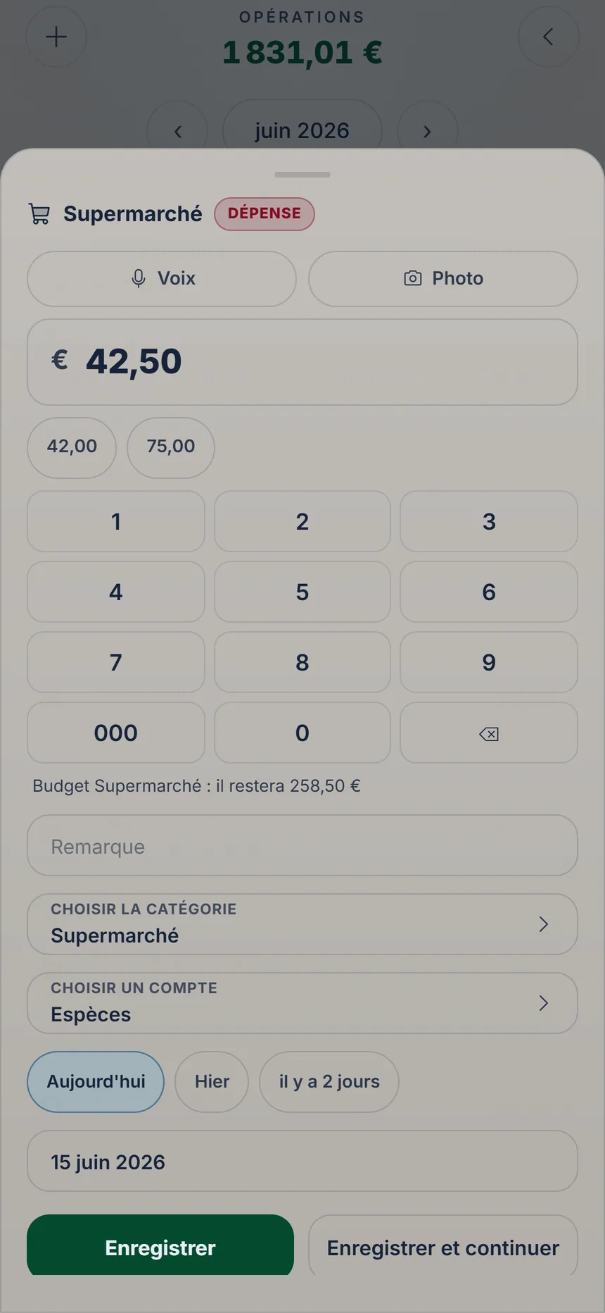 Saisie complète d’une transaction KaiOro avec montant, catégorie, compte et date