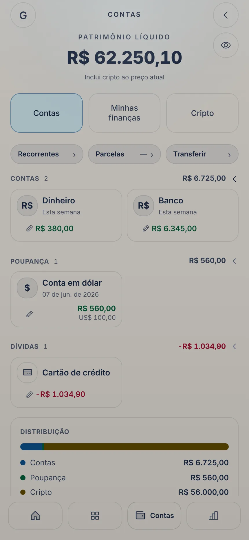 Contas do KaiOro com diferentes tipos de ativos